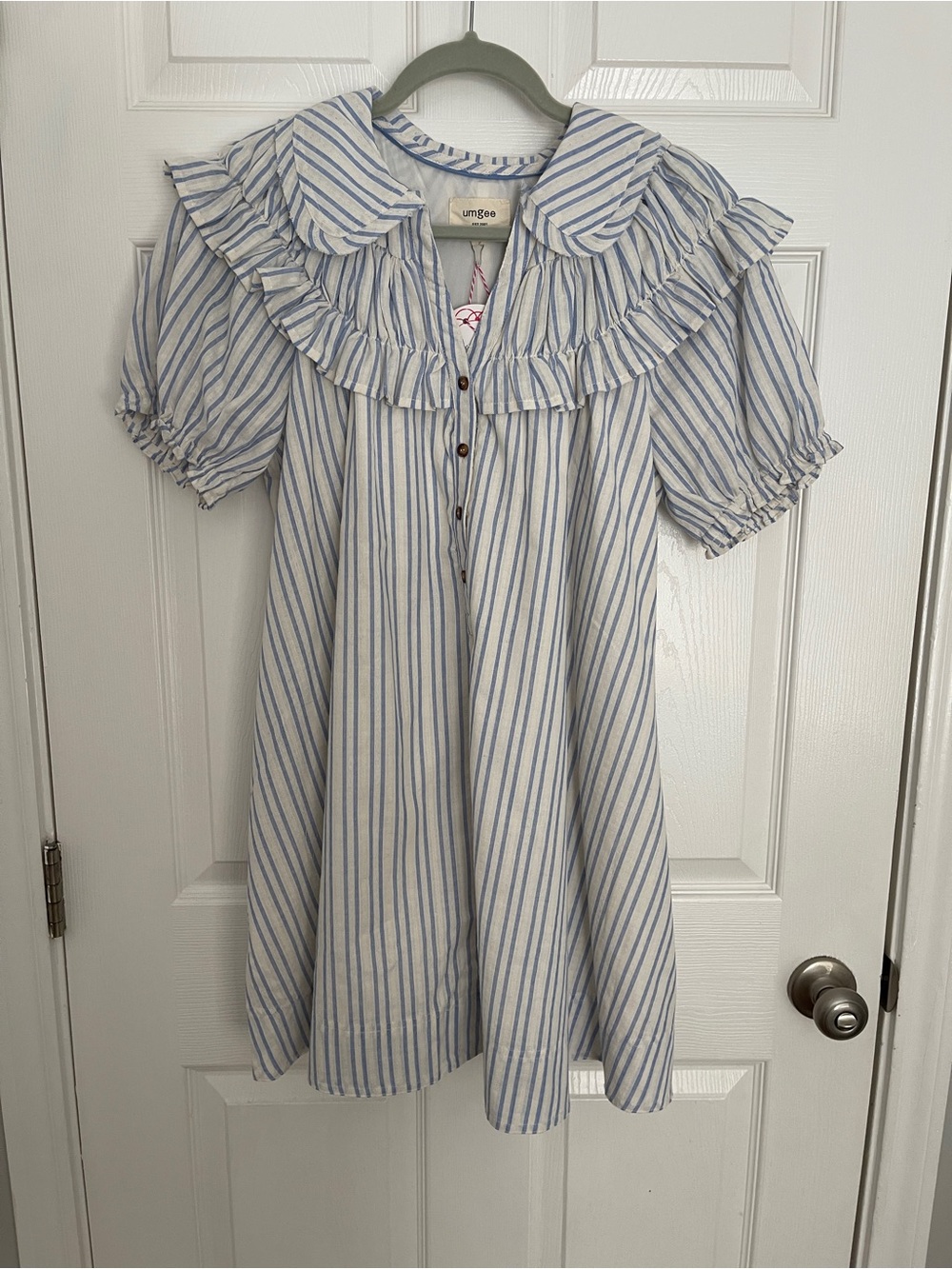 Umgee Blue & White Striped Ruffle Collar Dress